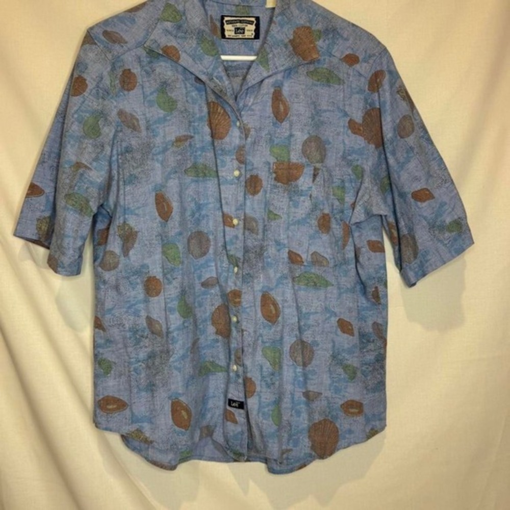 Vintage 90s Lee Abstract Seashell Button Up Shirt Blue 100% Cotton Small